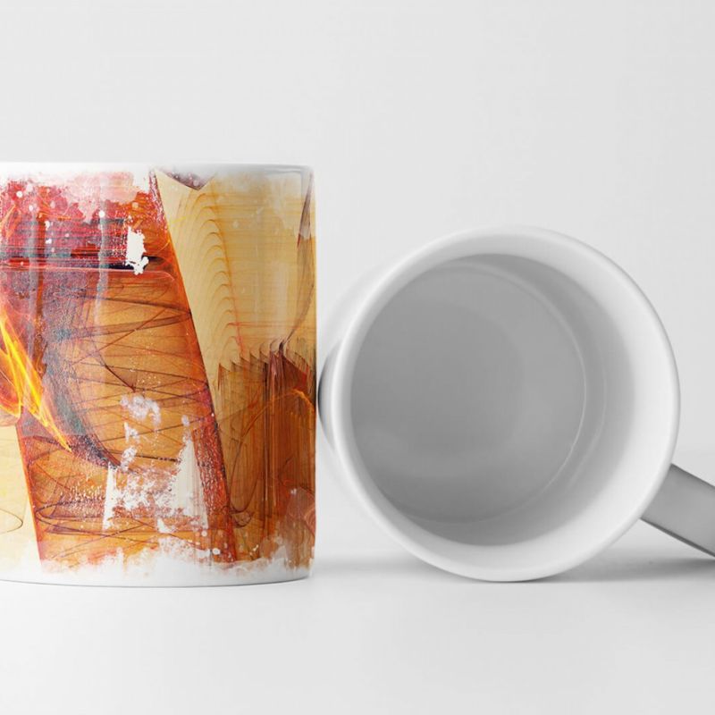 Tasse Geschenk orange-rote Abstraktion; gelb,weiß,sandbraune Elemente