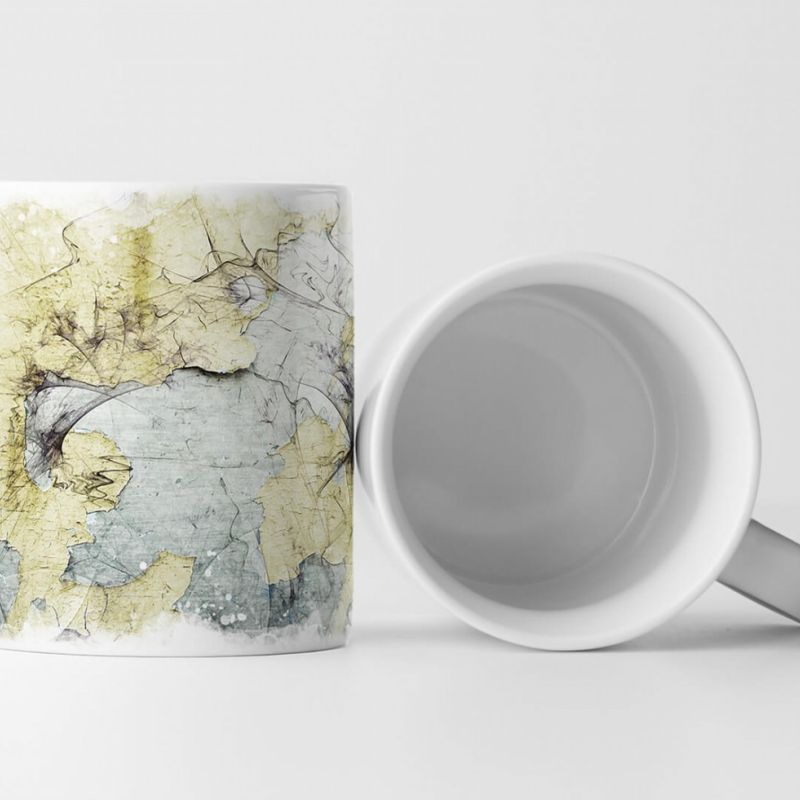 Tasse Geschenk Abstraktion; gelb-grau + helles taubenblau