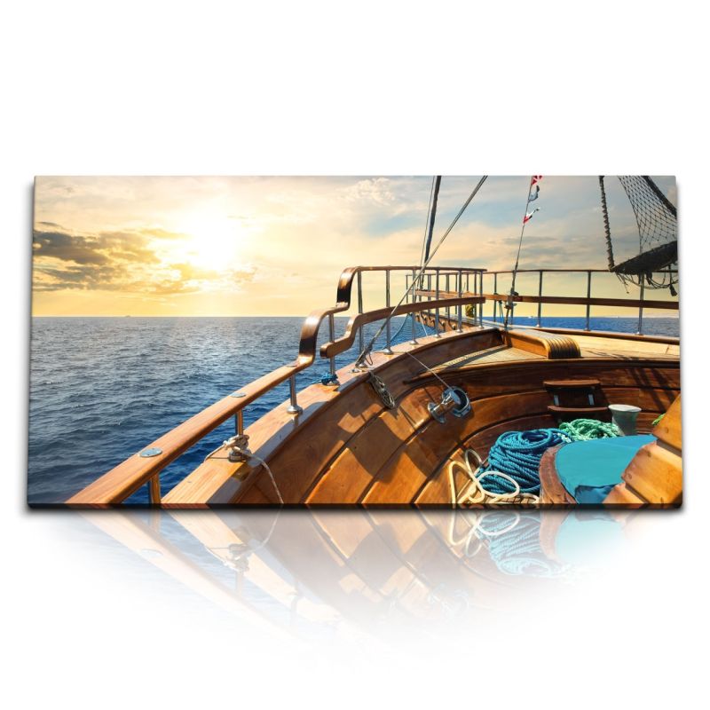 Kunstdruck Bilder 120x60cm Schiff Segelschiff Meer Sonnenuntergang Holzschiff