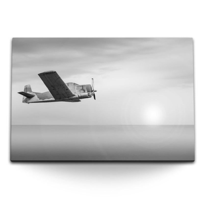 120x80cm Wandbild auf Leinwand Altes Propellerflugzeug in der Luft Schwarz Weiß Flugzeug