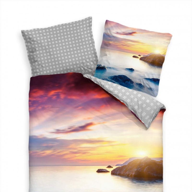 Felsen Sonnenuntergang Violett Blau Bettwäsche Set 135×200 cm + 80x80cm  Atmungsaktiv