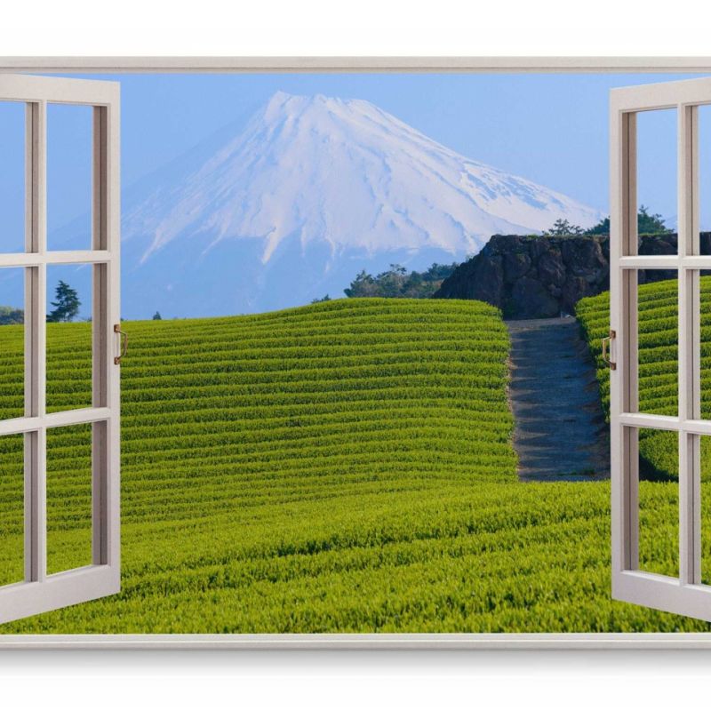 Wandbild 120x80cm Fensterbild Fuji Vulkan Japan Schneegipfel grüne Felder