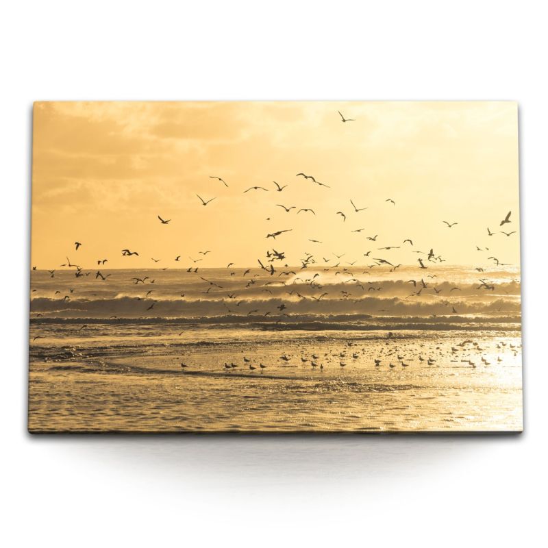 120x80cm Wandbild auf Leinwand Meer Strand Wellen Vogelschwarm Horizont Ozean