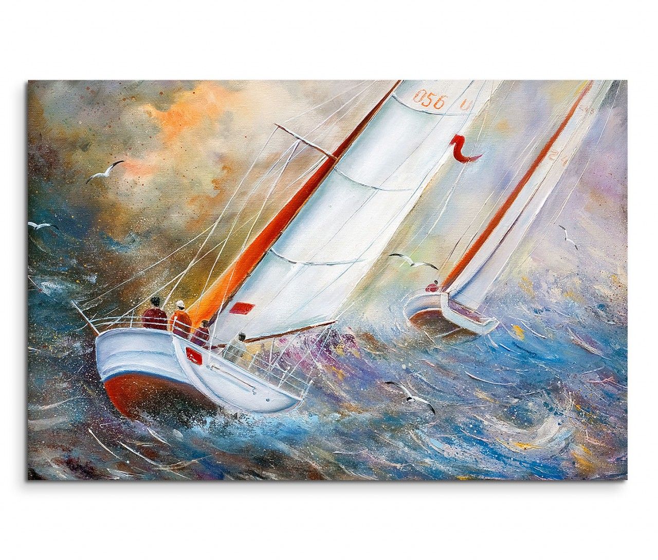 120x80cm Wandbild Segelboote Meer Wellen Wolken