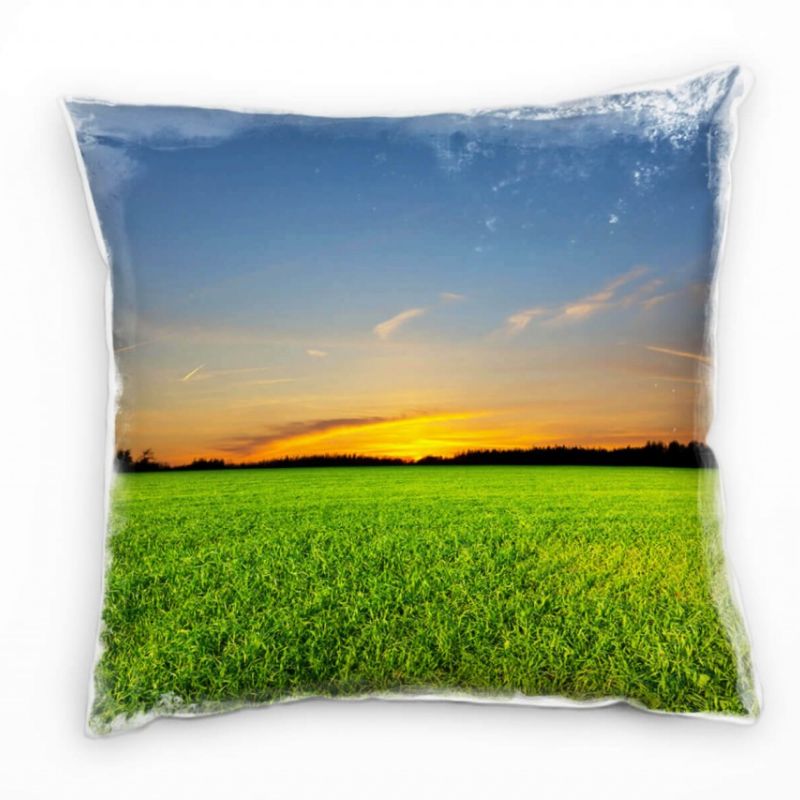 Landschaft, grün, blau, orange, Grasfeld, Sonnenuntergang Deko Kissen 40x40cm für Couch Sofa Lounge