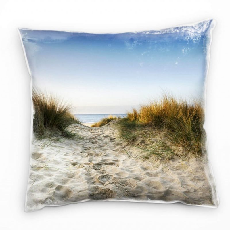 Strand und Meer, beige, blau, grün, Sanddünen, Gras Deko Kissen 40x40cm für Couch Sofa Lounge Zierki