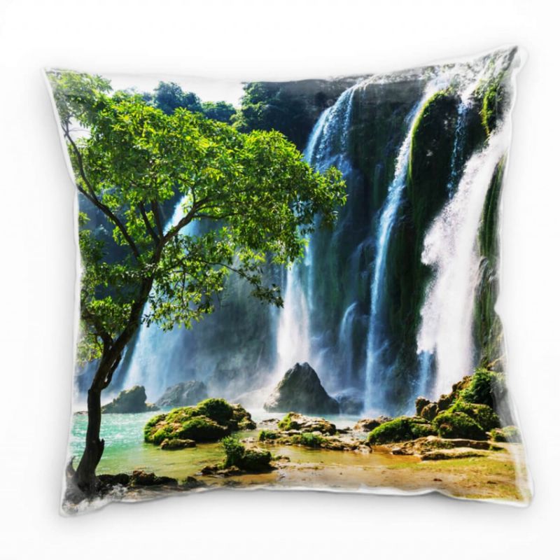 Frühling, Wasserfall, Berge, Baum, Türkises Wasser Deko Kissen 40x40cm für Couch Sofa Lounge Zierkis