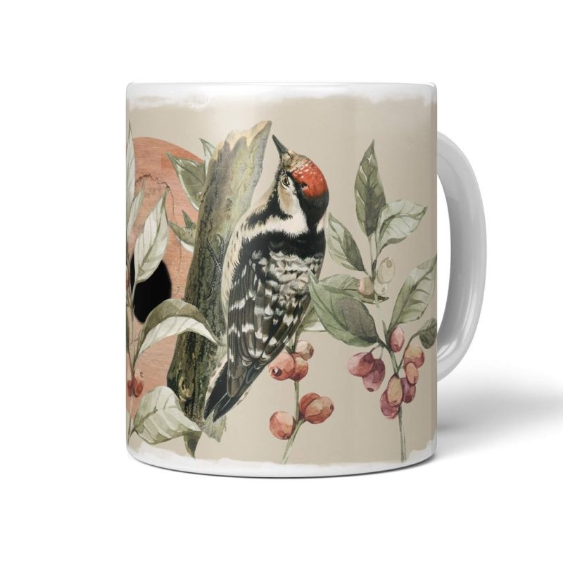 Dekorative Tasse mit schönem Vogel Motiv Dunenspecht kleiner Specht Pflanzen Pastelltöne