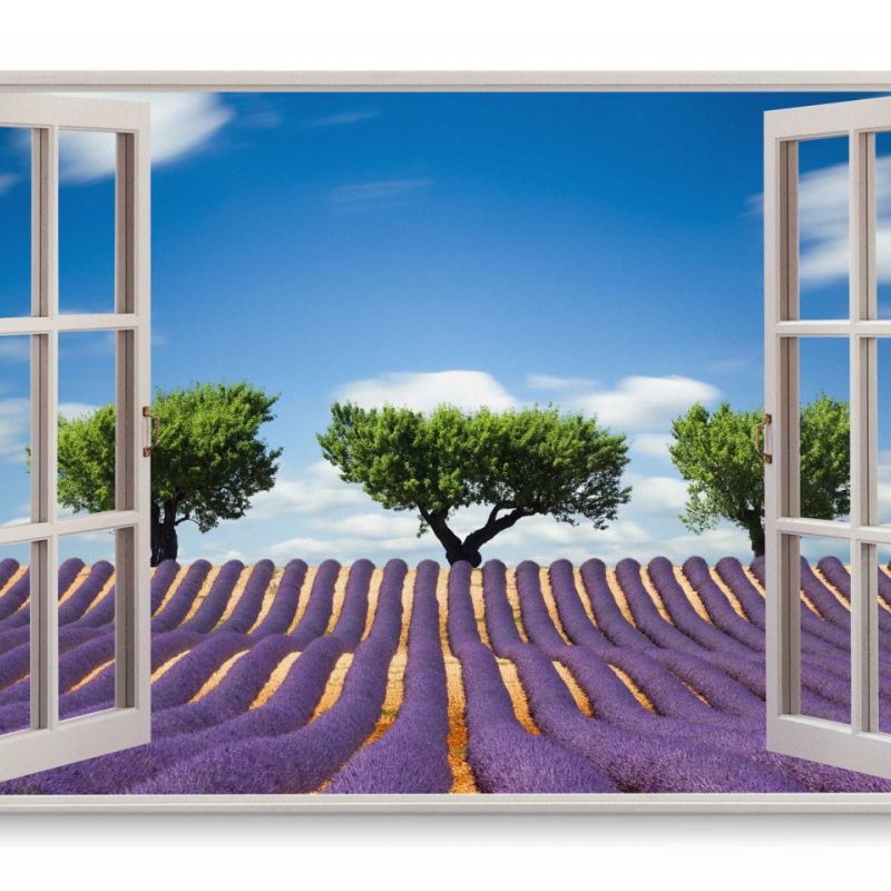 Wandbild 120x80cm Fensterbild Lavendelfeld Lavendel Violett Natur blauer Himmel