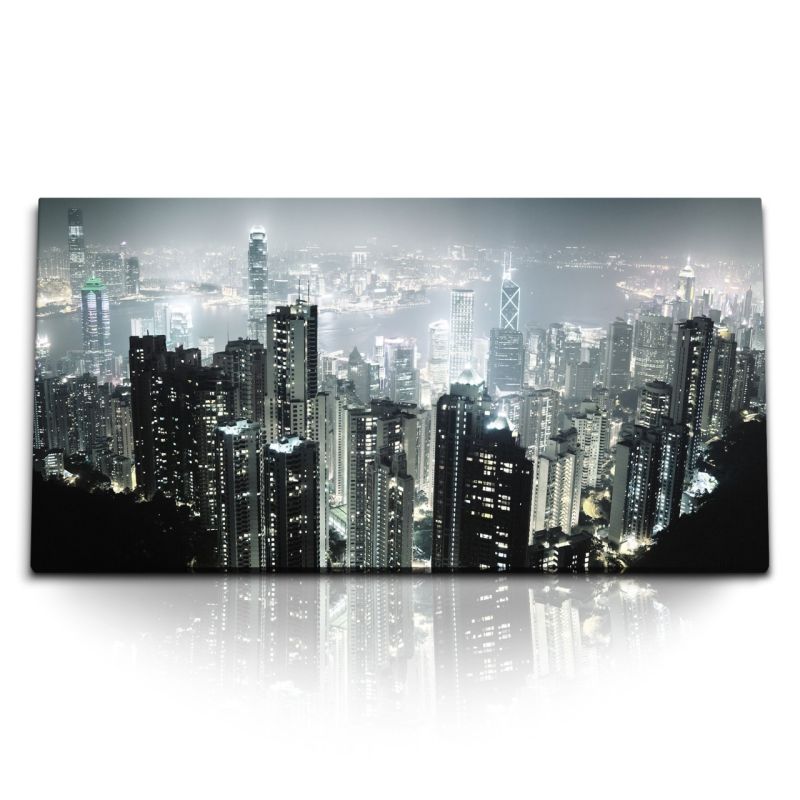 Kunstdruck Bilder 120x60cm Hongkong bei Nacht Hochhäuser Wolkenkratzer