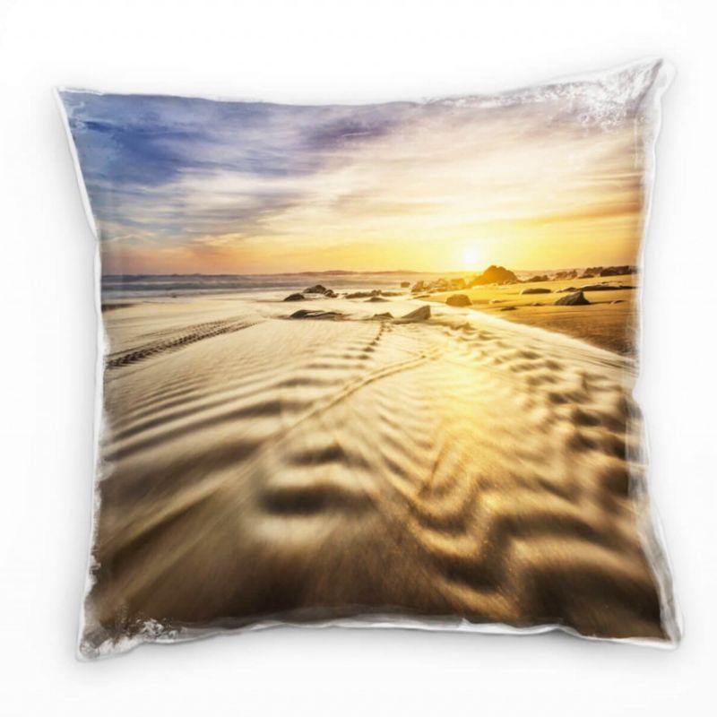 Strand und Meer, beige, blau, Sonnenaufgang Deko Kissen 40x40cm für Couch Sofa Lounge Zierkissen