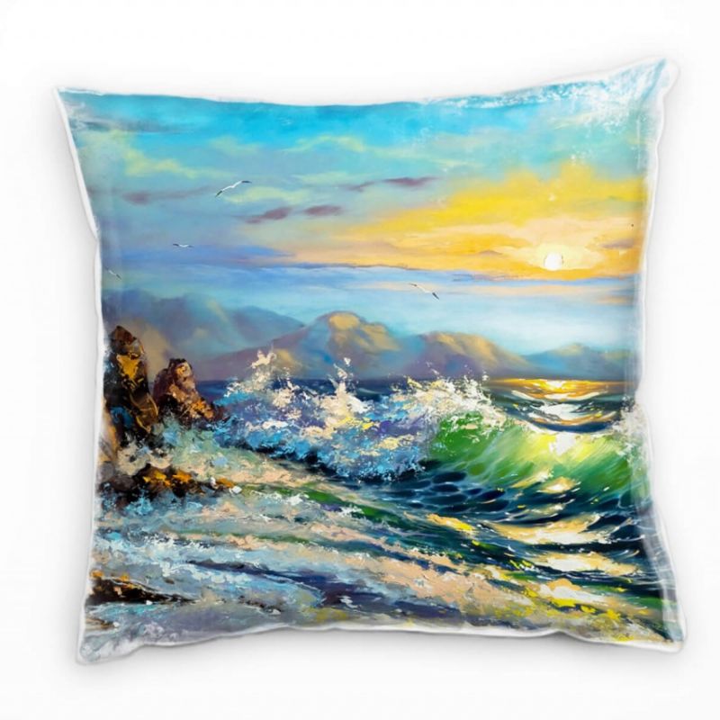 Meer, blau, orange, Brandung, Sonnenuntergang, gemalt Deko Kissen 40x40cm für Couch Sofa Lounge Zier