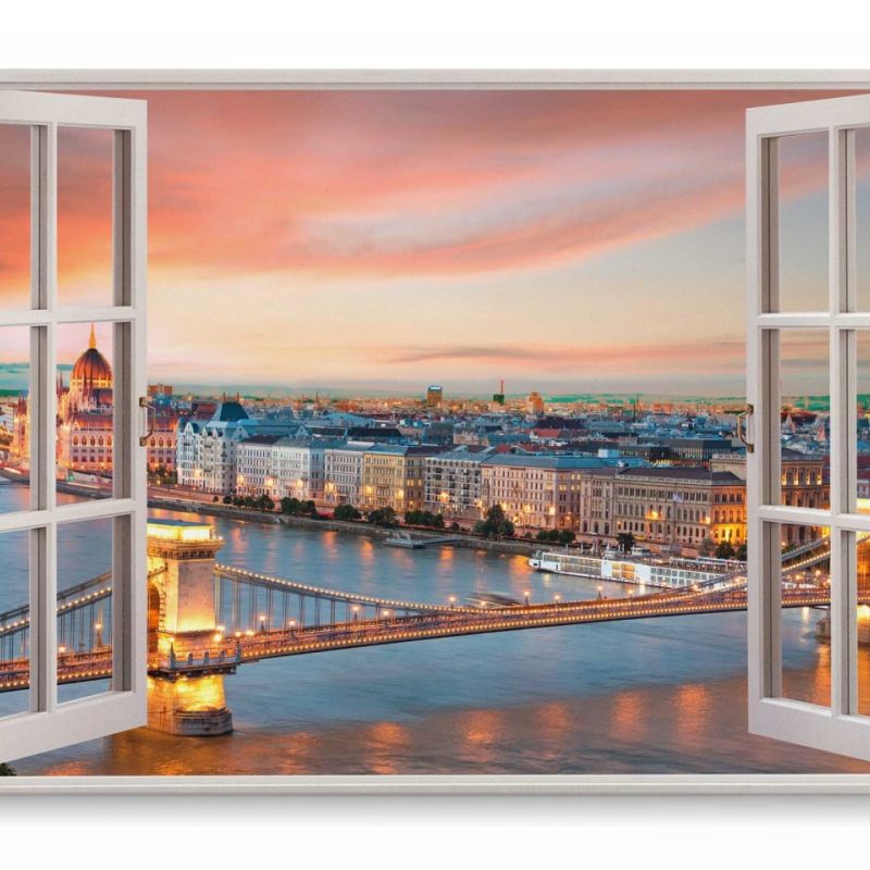 Wandbild 120x80cm Fensterbild Budapest Altstadt Fluss Stadtlichter Horizont Sonnenuntergang