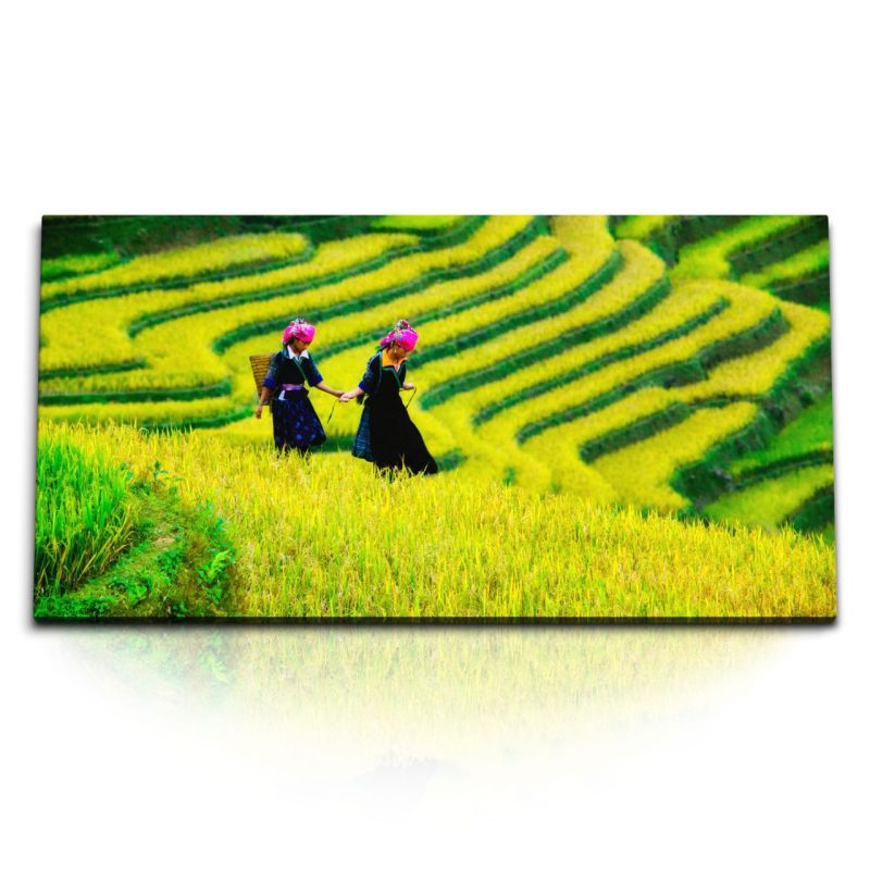 Kunstdruck Bilder 120x60cm Vietnam Reisfelder Bauernmädchen Grün Natur Ladeschaft