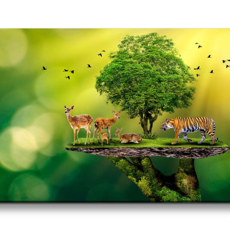 Leinwandbild 120x60cm Mutternatur Baum Tiere Fantasievoll Grün Natur Zauberhaft