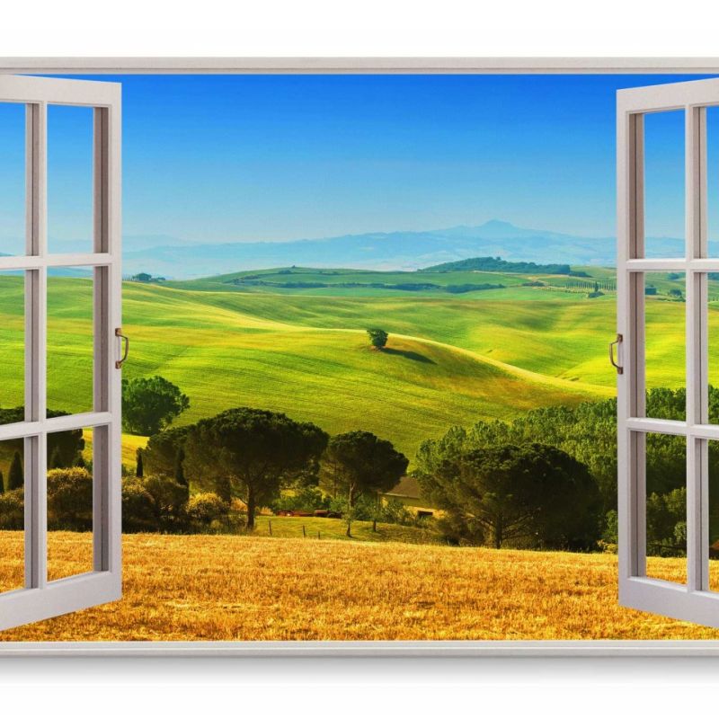 Wandbild 120x80cm Fensterbild Hügellandschaft Natur Felder blauer Himmel Grün