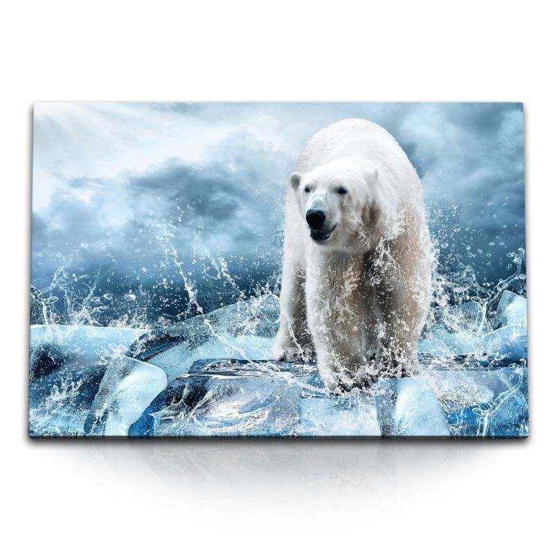 120x80cm Wandbild auf Leinwand Eisbär Eis Blau Tierfotografie Kunstvoll Wasser