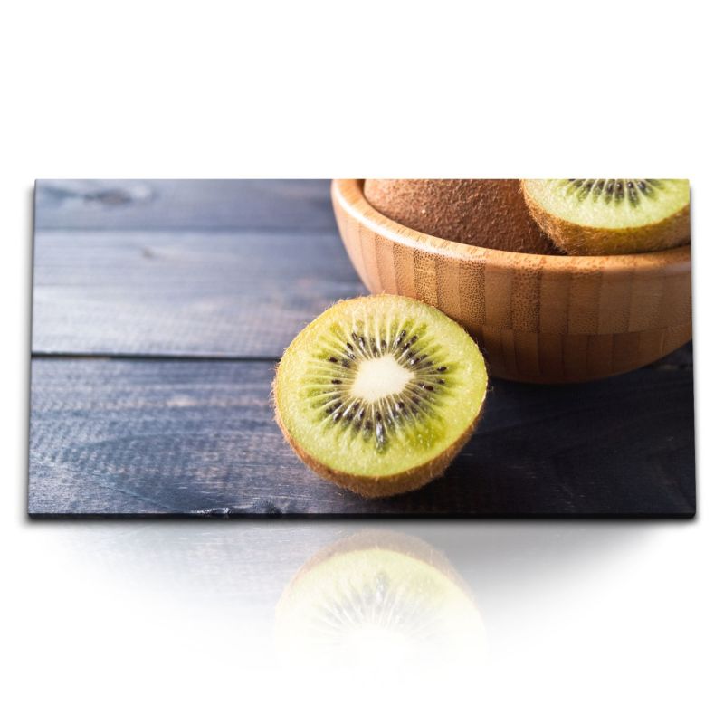 Kunstdruck Bilder 120x60cm Küchenbild Kiwis Holzschale Holz Früchte Grün