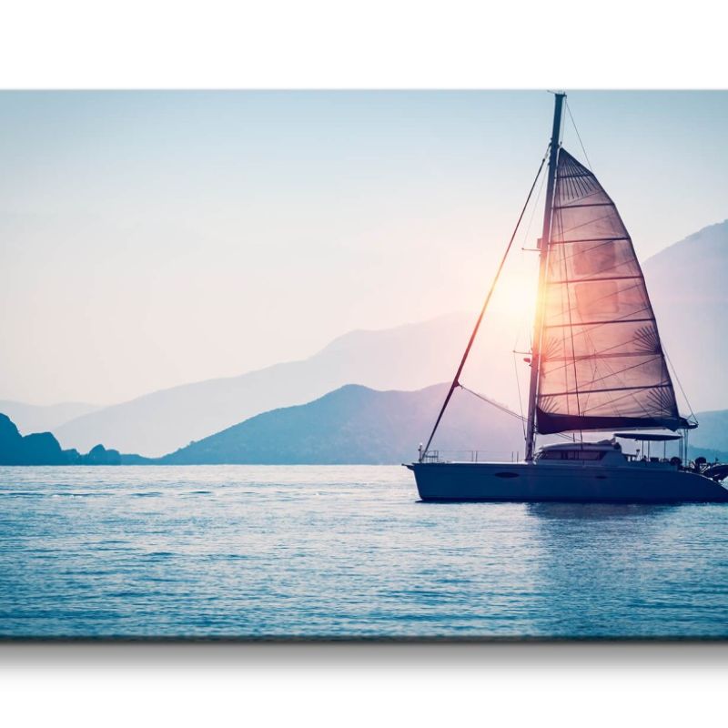 Leinwandbild 120x60cm Segelschiff Segel Meer Berge Freiheit Boot Sonnenuntergang