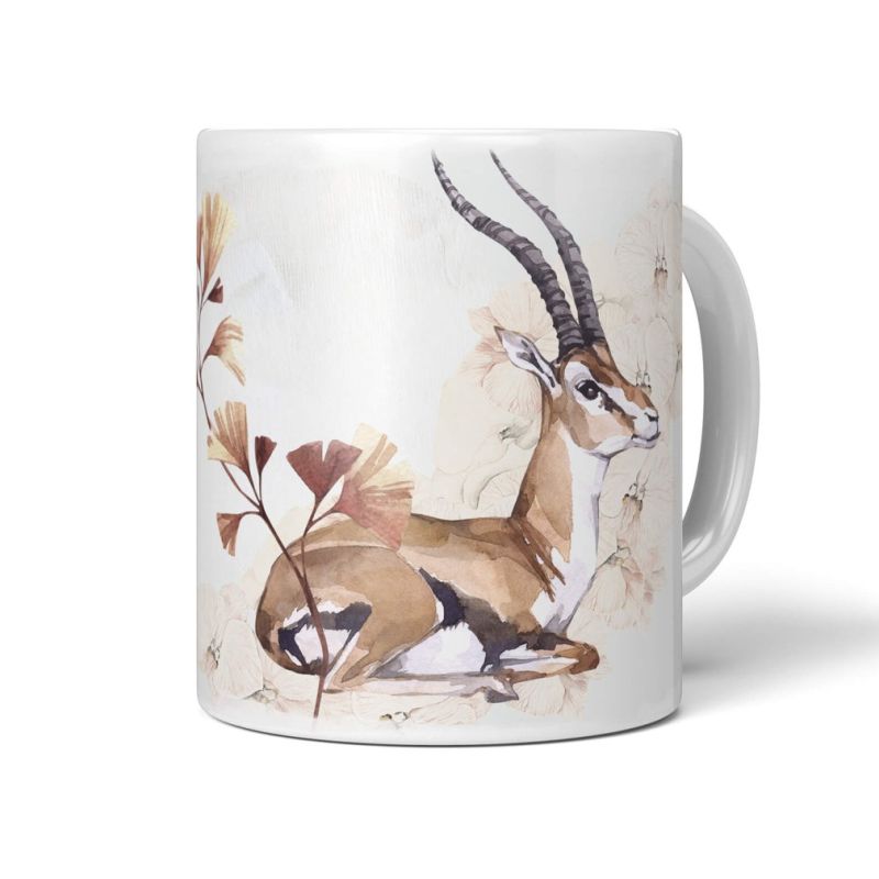 Tasse Porzellan Tier Motiv Antilope Hörner Blüten Kunstvoll Wasserfarben