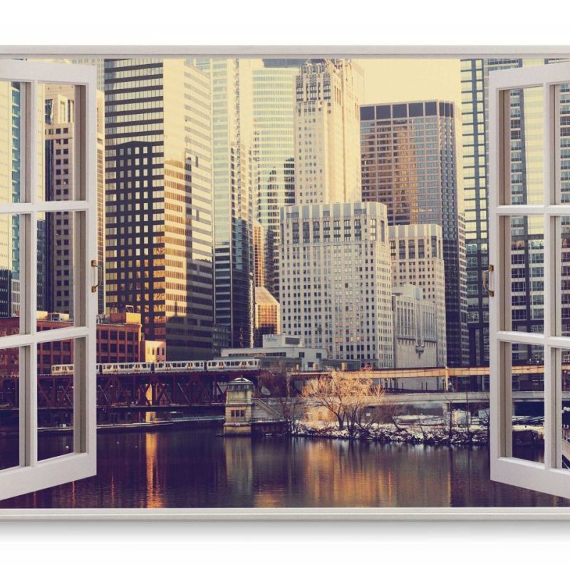 Wandbild 120x80cm Fensterbild Chicago USA Skyline Megacity Hochhäuser Kanal