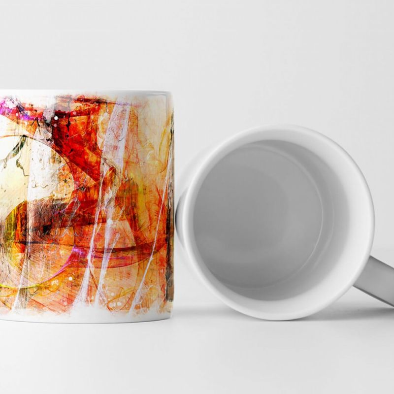 Tasse Geschenk beige, rote Linien, gelbe Kreise, weiße Elemente