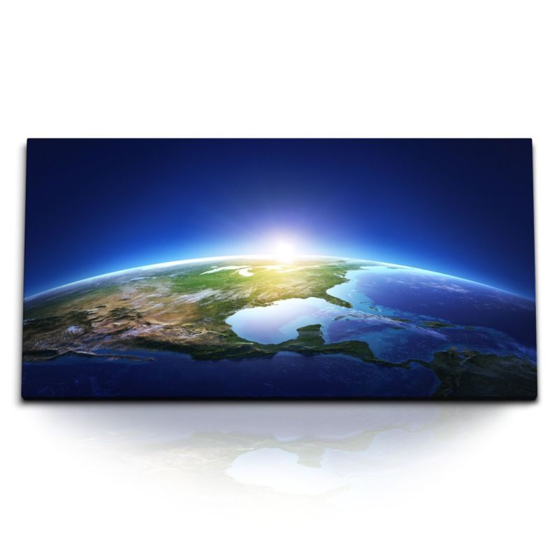 Kunstdruck Bilder 120x60cm Planet Erde blauer Planet Welt Weltall Sonnenaufgang