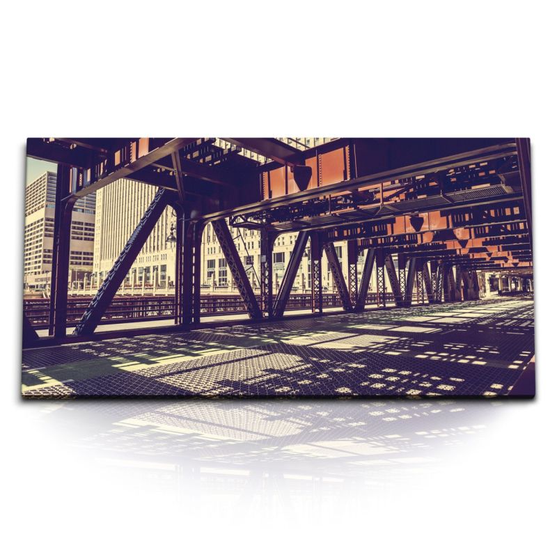 Kunstdruck Bilder 120x60cm USA Chicago Eisenbrücke Urban Stadt Sonnenstrahl