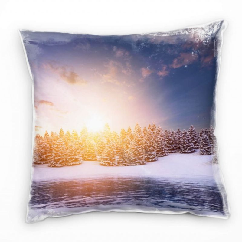 Winter, weiß, blau, gelb, Schnee, Nadelbäume, Sonne  Deko Kissen 40x40cm für Couch Sofa Lounge Zierk