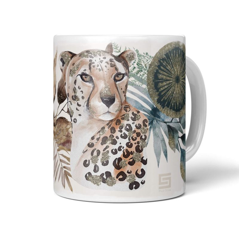 Tasse Porzellan Tier Motiv Gepard Dekorativ Kunstvoll Gold Aquarell