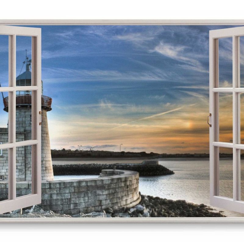 Wandbild 120x80cm Fensterbild Küste Leuchtturm Meer Sonnenuntergang