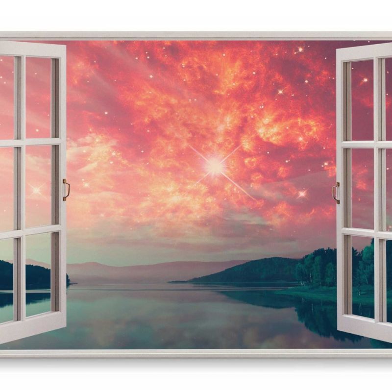 Wandbild 120x80cm Fensterbild Roter Himmel Sterne Kunstvoll See Berge