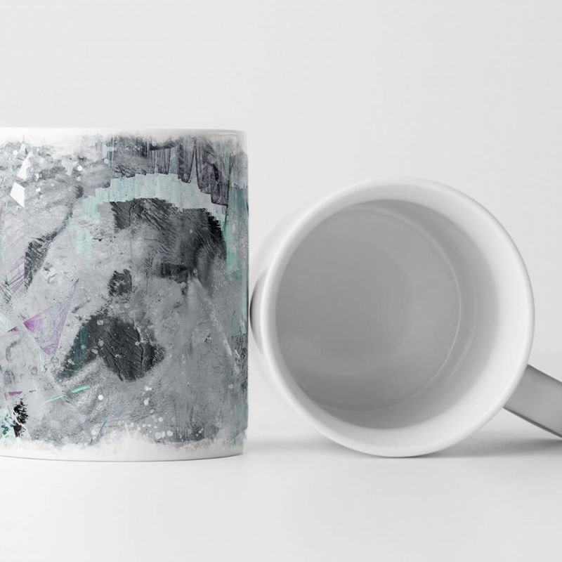 Tasse Geschenk hellgrauer Hintergrund; violette, dunkelgraue, hellblau Elemente