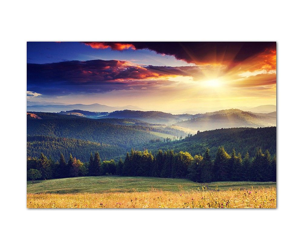 120x80cm Landschaft Berge Wald Sonnenuntergang