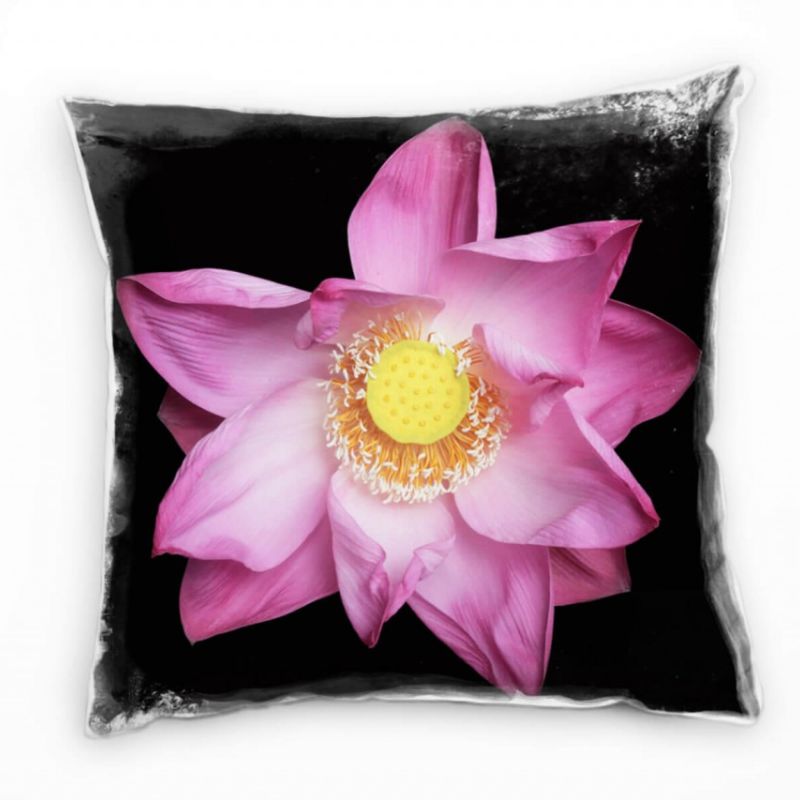 Blumen, rosa, schwarz, Lotusblume Deko Kissen 40x40cm für Couch Sofa Lounge Zierkissen