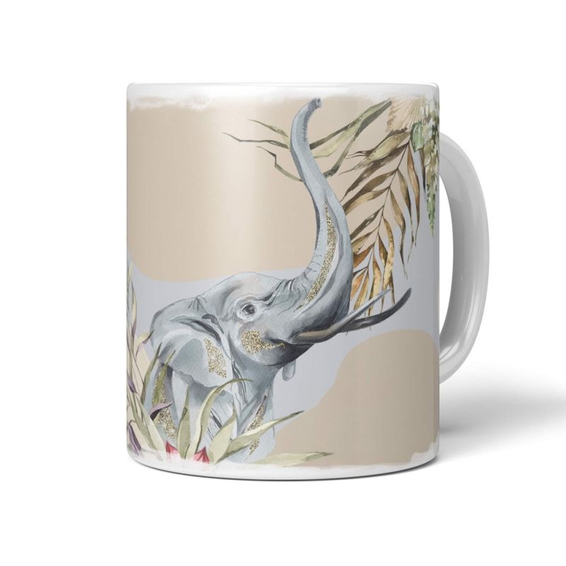 Tasse Porzellan Tier Motiv kleiner Elefant Pflanzen Blumen Kunstvoll Dekorativ