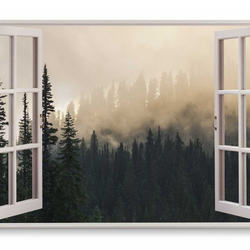 Wandbild 120x80cm Fensterbild Wald Tannenwald Bäume Natur Nebel