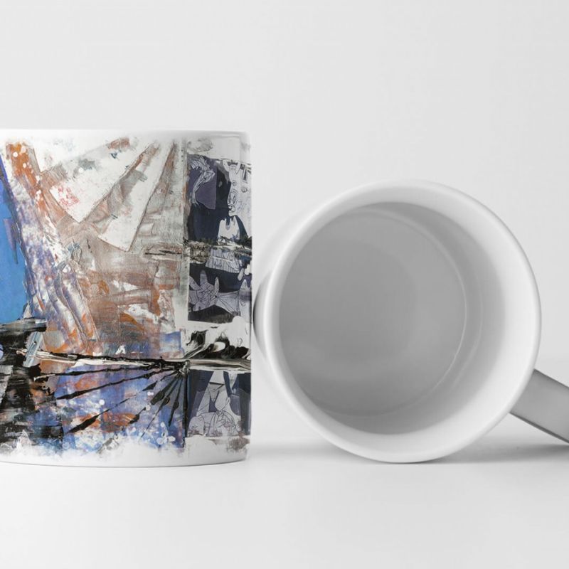 Tasse Geschenk grau, weiß, schwarz,blau, sandbraune Abstraktion