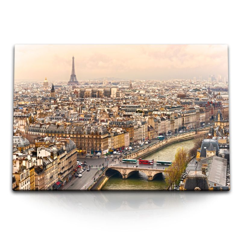 120x80cm Wandbild auf Leinwand Paris von Oben Eiffelturm Frankreich Fluss Altstadt