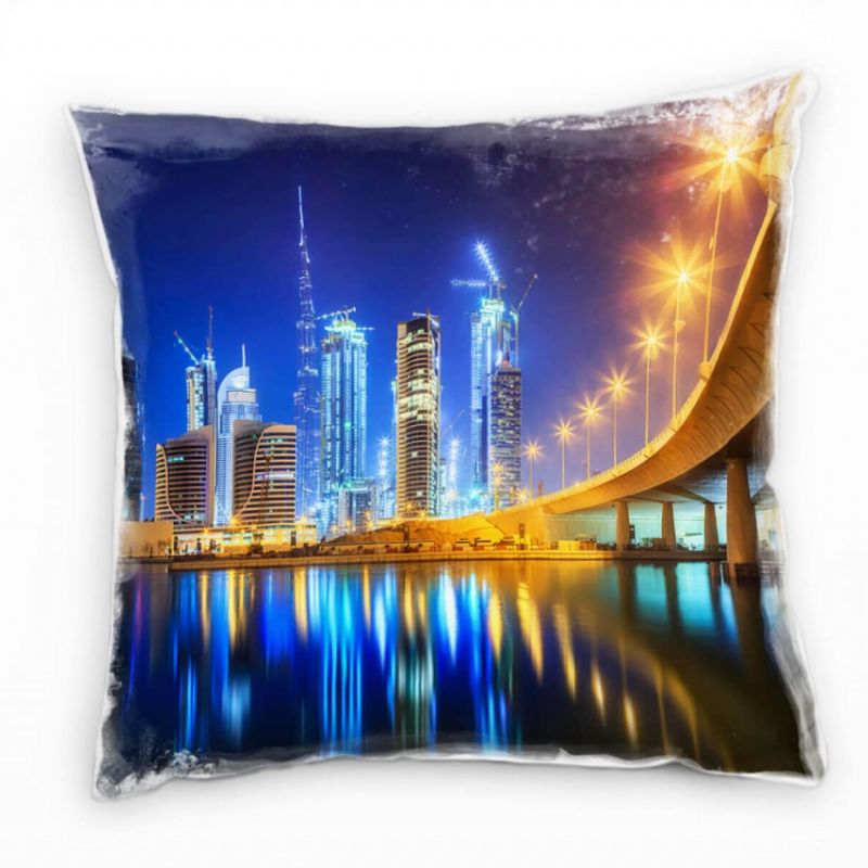 City, Dubai, Nacht, Spiegelung, blau, orange Deko Kissen 40x40cm für Couch Sofa Lounge Zierkissen