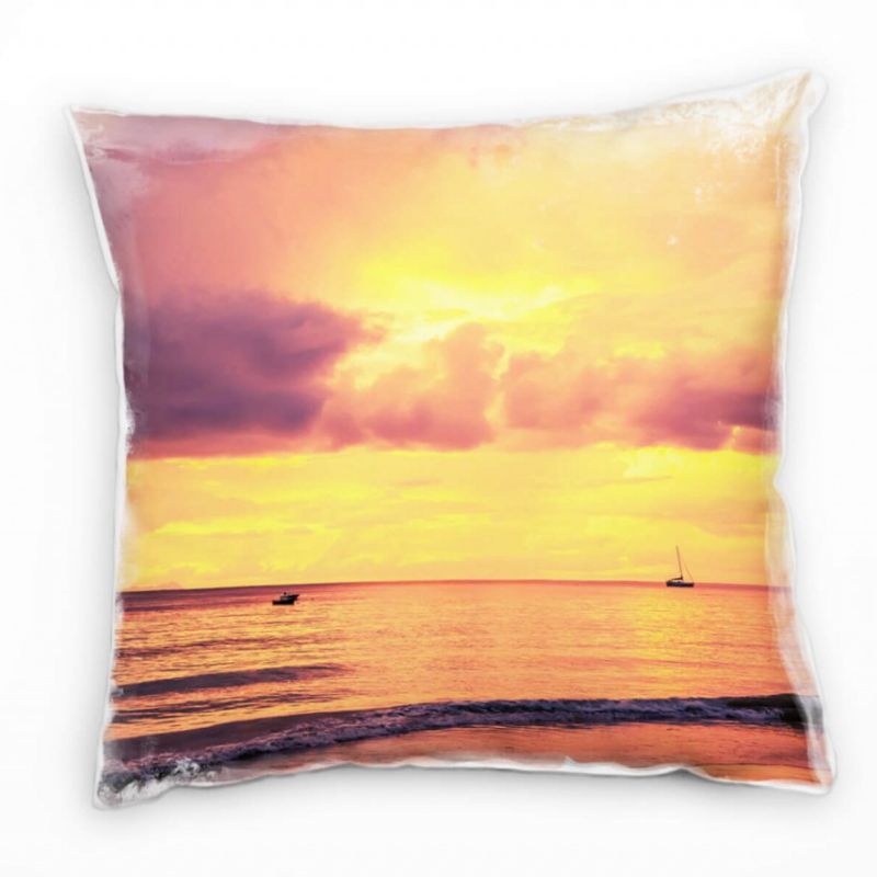 Meer, Sonnenuntergang, Segelboote, orange, gelb Deko Kissen 40x40cm für Couch Sofa Lounge Zierkissen