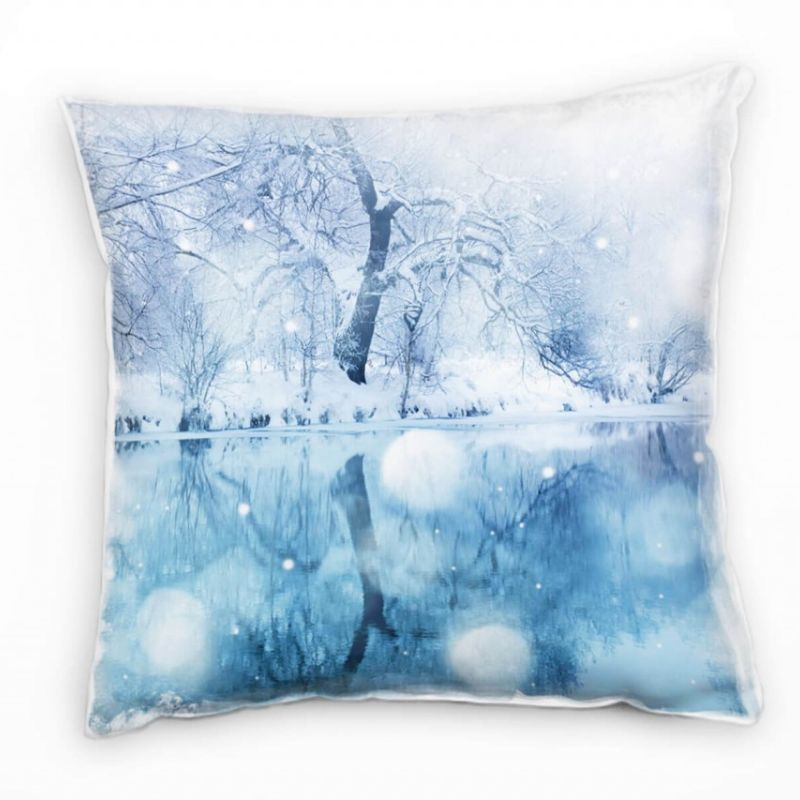 Winter, weiß, blau, Winterlandschaft Deko Kissen 40x40cm für Couch Sofa Lounge Zierkissen