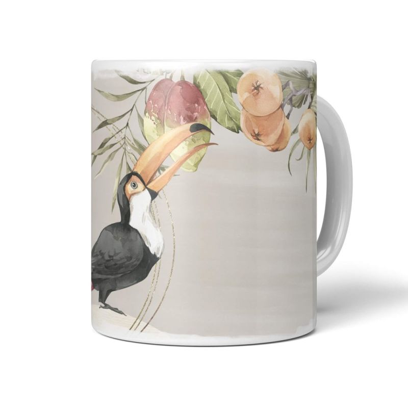 Dekorative Tasse mit schönem Vogel Motiv Tukan exotische Früchte Kunstvoll Vintage Design