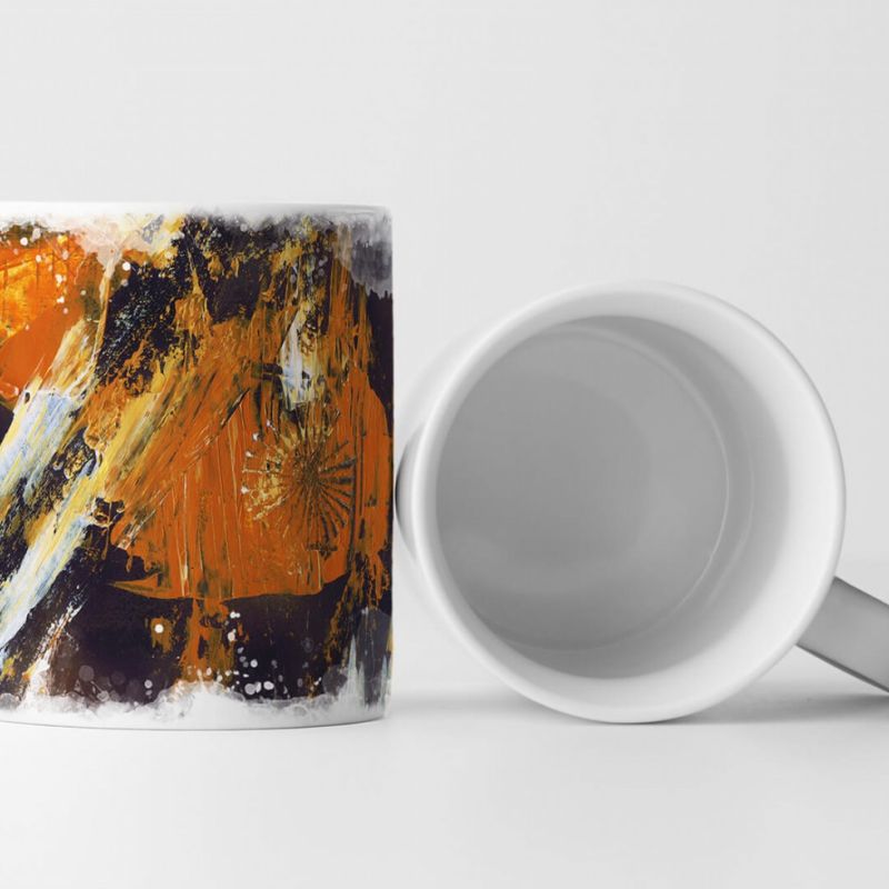 Tasse Geschenk dunkelbraune Grundierung; orange, beige Abstraktionen