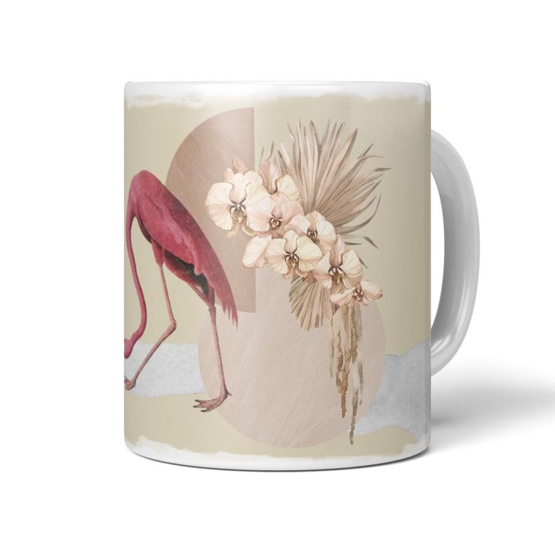 Dekorative Tasse mit schönem Vogel Motiv Flamingo Blumen Blüten Pastelltöne Wasserfarben