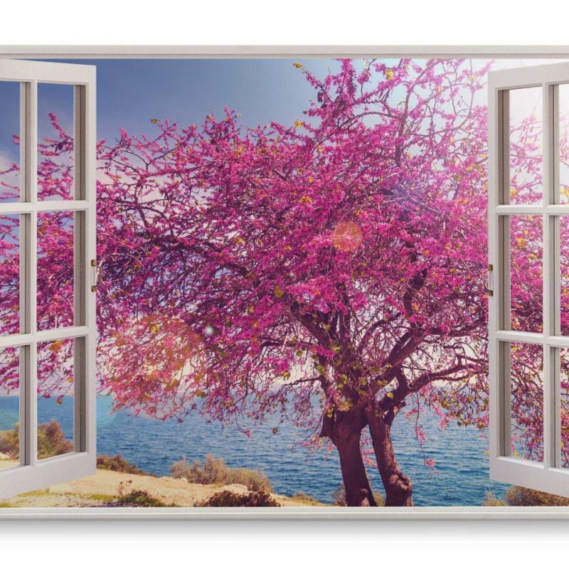 Wandbild 120x80cm Fensterbild Mittelmeer Sonnenschein Sommer Baum Violett