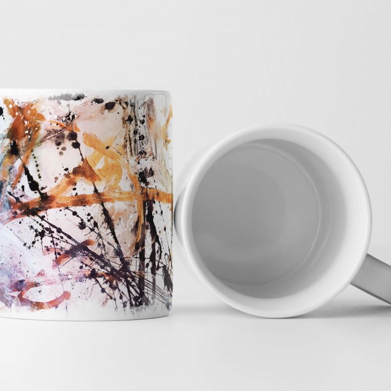 Tasse Geschenk antik-weiße Grundierung; schwarz, orange Farbspritzer