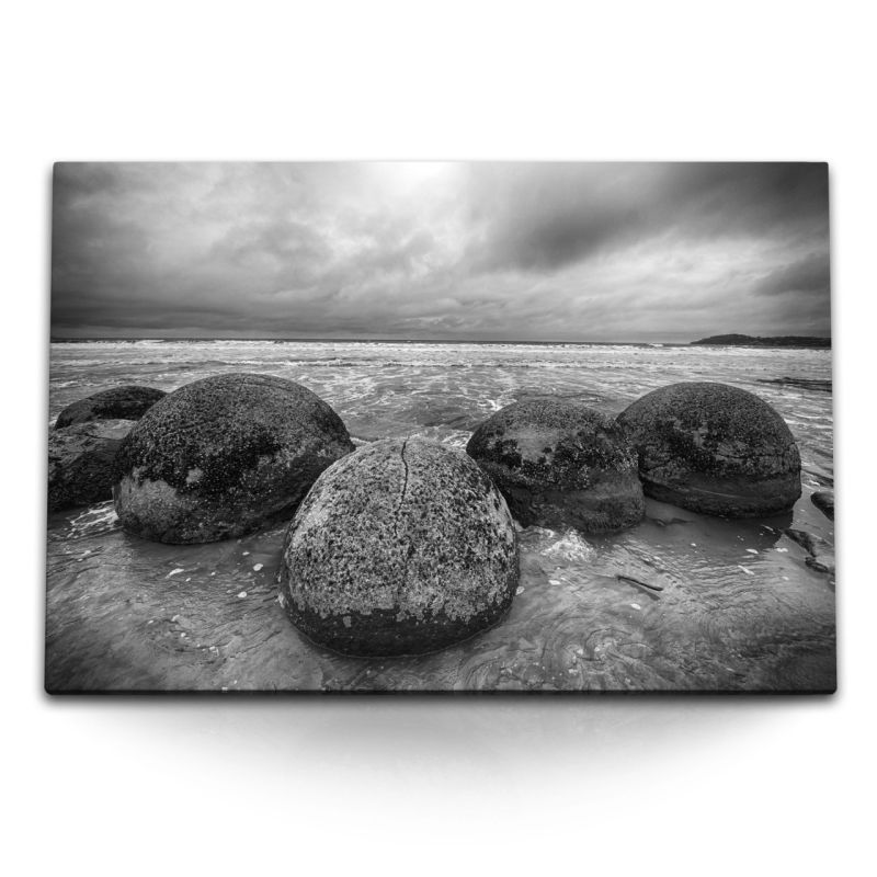 120x80cm Wandbild auf Leinwand Schwarz Weiß Neuseeland runde Felsen Meer Horizont