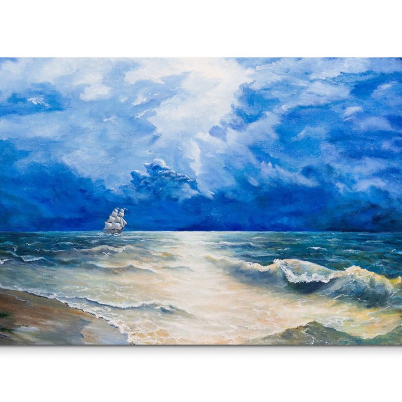 120x80cm Wandbild Ölgemälde Meer Segelboot Wolken