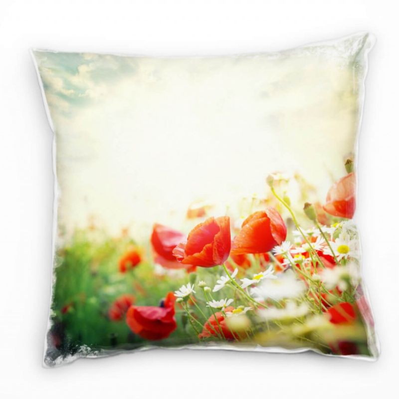 Blumen, rot, blau, grün, Klatschmohn und Margeriten Deko Kissen 40x40cm für Couch Sofa Lounge Zierki